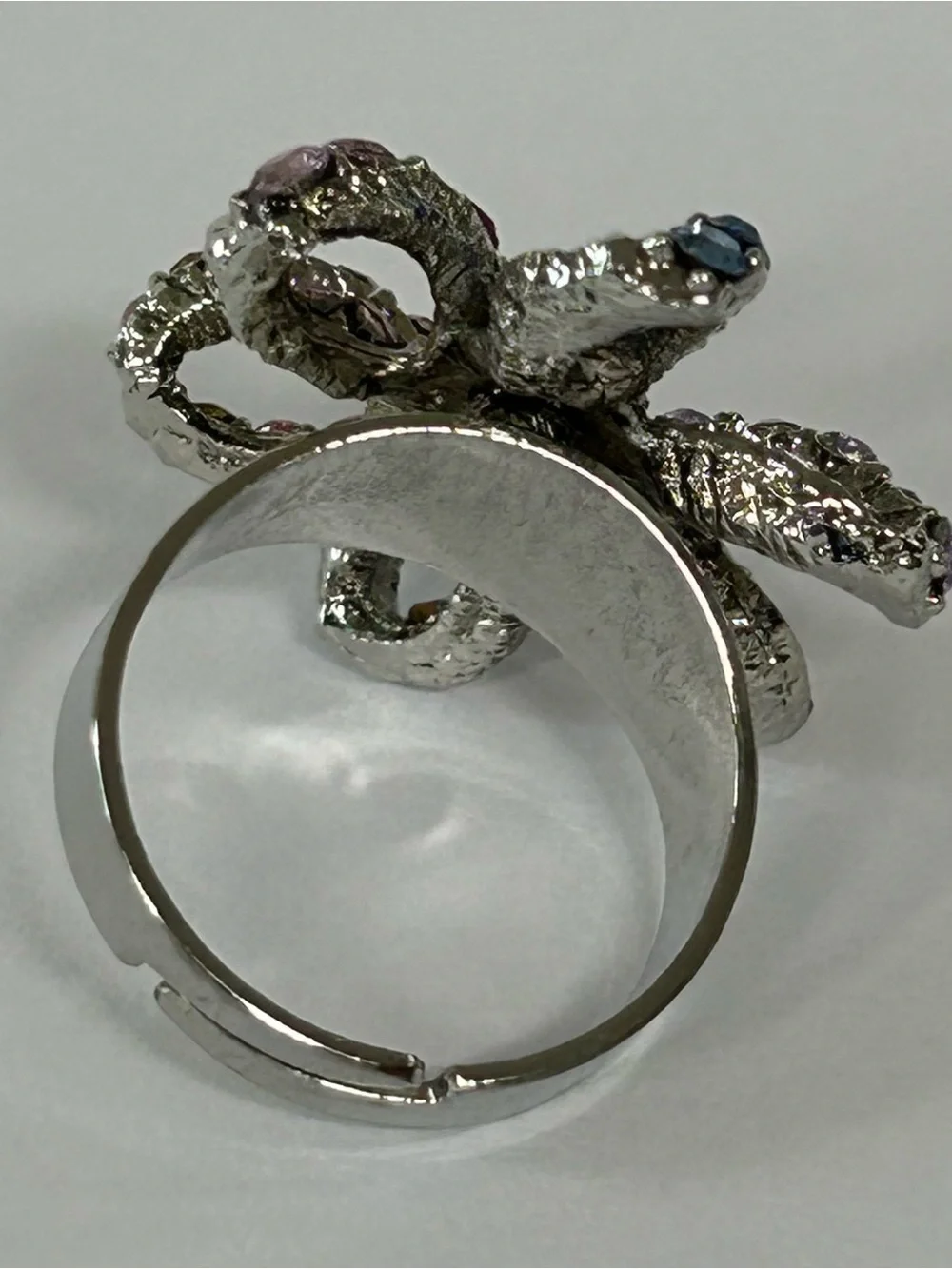 Pink and blue stone sterling silver adjustable ring
